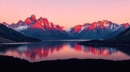 Spectacular mountain range reflecting in calm lake water at sunset