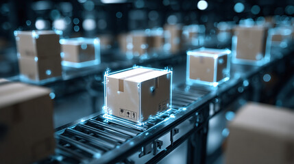 Boxes glide smoothly down the conveyor belt, an efficient process for automated distribution and quick delivery to the customers.