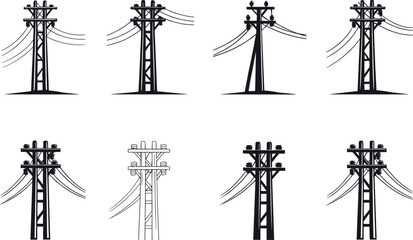 Utility pole silhouettes, crossarm variations, electrical infrastructure,  crossarm variations, electrical infrastructure, power line diversity, rural energy grid, flavector