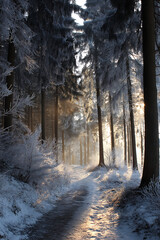 Snowy path through a forest with sunlight shining through the trees in winter