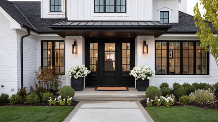 Obraz premium Elegant exterior showcasing a white brick home with black accents, complemented by lush greenery and classic outdoor lighting.