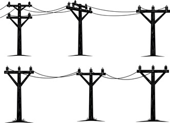 Utility pole silhouettes, power lines, electrical infrastructure, rural energy grid, voltage system, distribution network, flavector