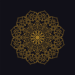 Elegant circular golden mandala ornament with detailed floral and geometric line art on a dark background.