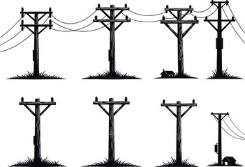 Utility pole silhouettes, rural installation, power lines, electrical infrastructure, transformer setup, suburban grid, flavector