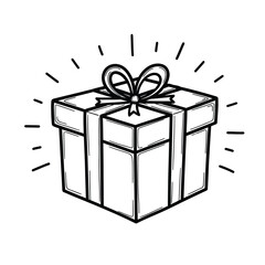 A simple, black and white line drawing of a gift box tied with a ribbon and bow, surrounded by radiating lines.
