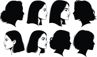 Collection of diverse female face profiles and silhouettes, showcasing various hairstyles and features, representing beauty and individuality, isolated on