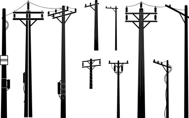 Utility pole silhouettes, structural diversity, transformer and wire configurations, electrical infrastructure, rural grid system, flavector Utility pole silhouette
