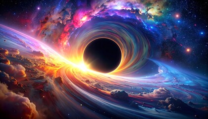 A vibrant, swirling cosmic vortex with a central black hole, glowing with intense light and colorful nebula clouds