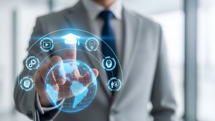Businessman in a grey suit interacts with a digital interface displaying a graduation cap, globe, and various icons representing online learning and global education.