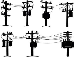 Utility pole silhouettes, transformer and wire configurations, electrical infrastructure diversity, power grid system, flavector series