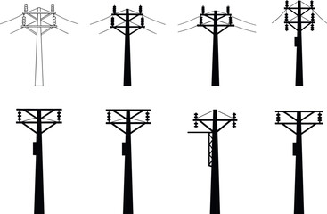Utility pole silhouettes, structural variations, power line infrastructure, electrical distribution systems, rural energy grid, flavector
