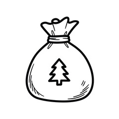 A black and white hand-drawn illustration of a drawstring gift bag with a Christmas tree symbol. Perfect for holiday designs.