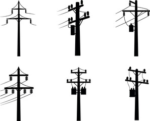 Utility pole silhouettes, transformer and wire configurations, electrical infrastructure diversity, rural power grid, flavector series