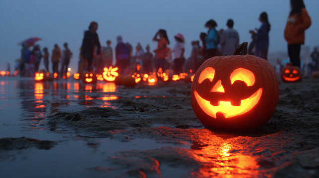 A pumpkin glows at twilight by the ocean during a festival of lights. Many other pumpkins line the beach, illuminating the gathering crowd.