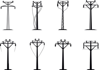 Utility pole silhouettes, wire configurations, electrical infrastructure, power distribution systems, rural energy grid, flavector