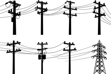 Utility poles, transmission tower, electrical infrastructure, silhouette set, power lines, rural energy, voltage grid, flavector