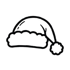 A hand-drawn, minimalist illustration of a classic Santa hat with a fluffy brim and pom-pom, rendered in bold black ink on a white background.