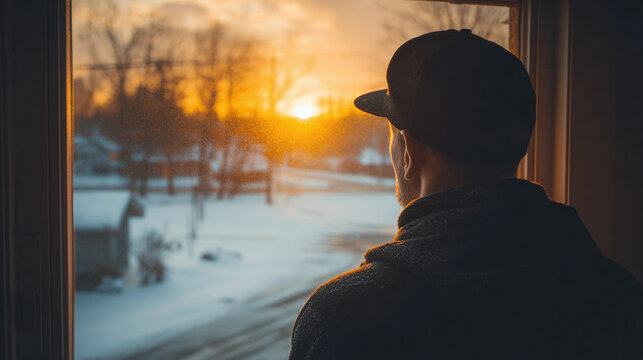 Man looks out window at winter sunset. Silhouette of a person in a dark hoodie and hat contemplating the scene before them, snow on the ground.
