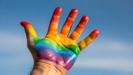 Hand Painted with Bright Rainbow Colors Raised Up Against Blue Sky