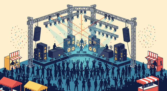 Immersive music festival scene with vibrant crowd silhouettes, stage setup, and dynamic lighting creating an energetic atmosphere for entertainment events