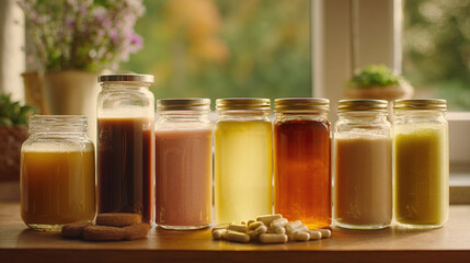 A vibrant display of bottled juices and capsules on a wooden counter, creating an inviting and wholesome scene. Freshness and vitality!