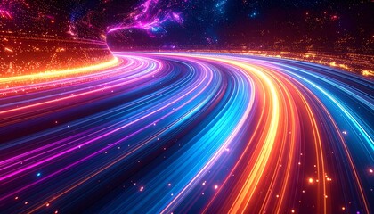 A vibrant tunnel of multicolored light streaks extends into a hazy cosmic background, creating a sense of speed