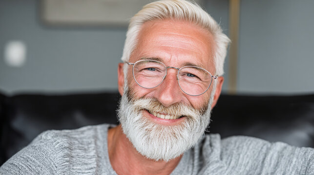 A mature man with a silver beard & glasses exudes warmth with a happy smile in a close-up portrait, showing character and charm in his expression.