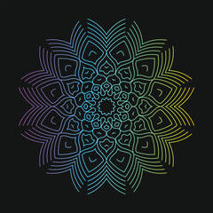 Intricate gradient colored mandala design with symmetrical patterns on a dark background.