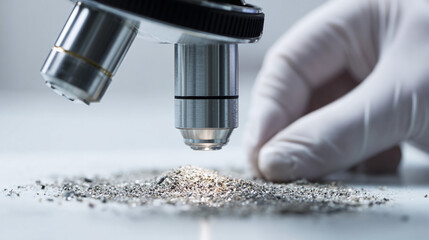 Close-up of a scientist analyzing a sample of material under a microscope, wearing a glove for protection in a lab environment.