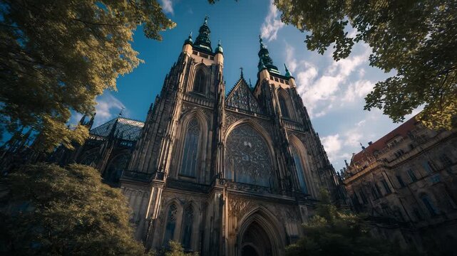 A magnificent gothic cathedral towers against a brilliant blue sky, showcasing its intricate stonework and detailed sculptures. Surrounding trees frame the stunning cathedral, enha