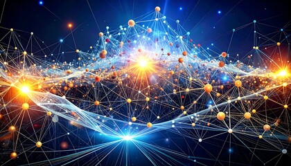Abstract network with interconnected nodes, glowing orbs, and converging lines against a deep blue background