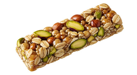 Close-up of a healthy nut and seed granola bar isolated on white background, perfect for nutritious snacks and fitness energy boosts
