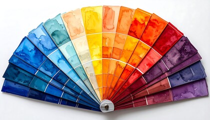 A vibrant, watercolor color swatch fan featuring a spectrum of hues from cool blues to warm reds on white
