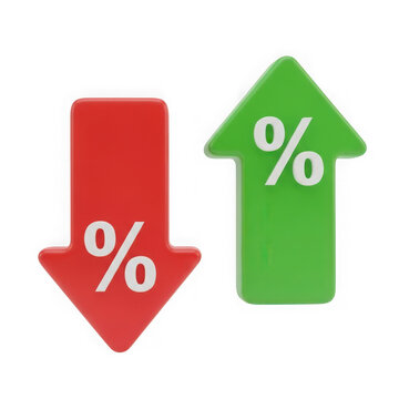 Red downward arrow and green upward arrow with percentage symbol illustrating financial rate change isolated on transparent background