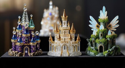 Three ornate miniature castle figurines, crafted with intricate details and sparkling materials, displayed side-by-side.