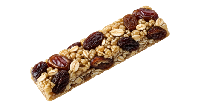 Granola bar with raisins and nuts isolated on white background, healthy snack for energy boost and on-the-go nutrition