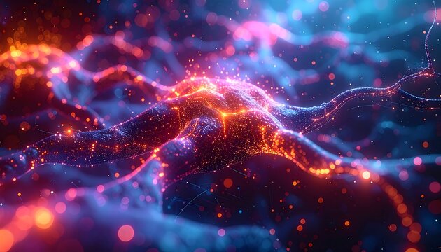 Abstract neural network with bright orange sparks, blue background, flowing and organic with network connections