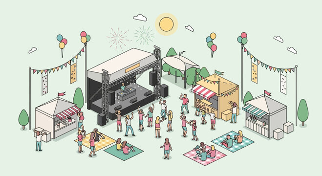 Festive outdoor concert scene with dancing crowd, food vendors, and summer vibes, perfect for event promotions, community gatherings, or festival marketing materials