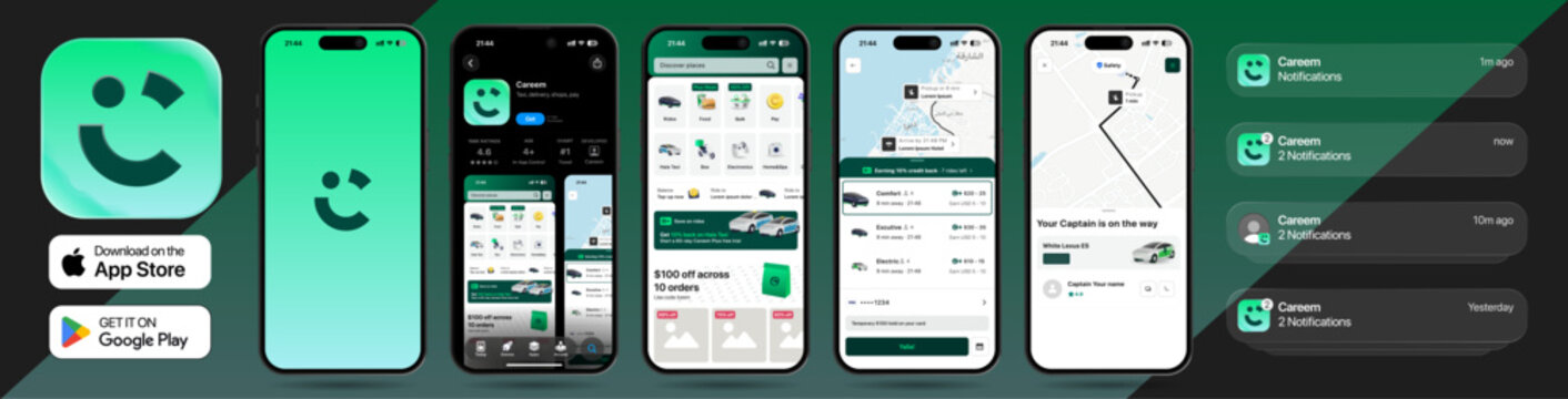 Careem by Uber ride-hailing and food delivery app UI design vector shown on iPhone 17 Pro, including taxi booking, food ordering, maps, and interface elements on transparent background.