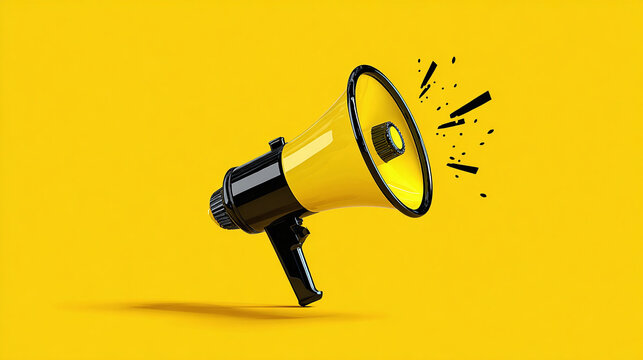 A striking yellow and black megaphone poised on a vibrant yellow backdrop, radiating energy and focus. Hear the sound of change!. Stand out!
