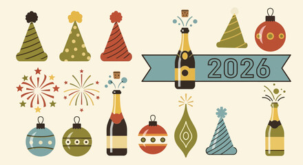 Celebrate 2026 New Year with festive party hats, champagne, fireworks, and ornaments in this vintage-inspired design perfect for invitations and decor