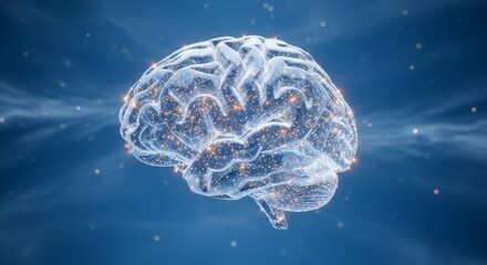 Conceptual representation of the human brain with glowing highlights and particles over a blue background