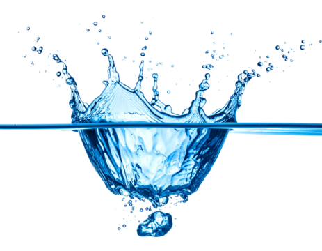 A dynamic splash of clear blue water frozen in mid-air