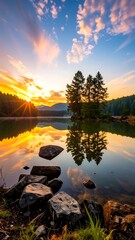 Serene sunrise over a calm lake