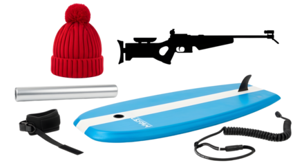 Blue and white surfboard with red beanie hat, safety leash, and foil board equipment isolated on white background, perfect for water sports enthusiasts