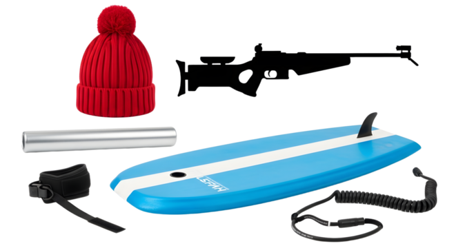 Blue and white surfboard with red beanie hat, safety leash, and foil board equipment isolated on white background, perfect for water sports enthusiasts