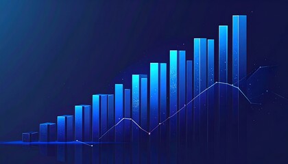 Abstract blue bar graph with a line graph overlay against a blue background with a dot matrix effect