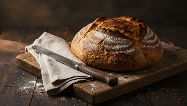 Rustic artisanal sourdough bread loaf on a wooden cutting board with a knife and linen napkin. - Powered by Adobe