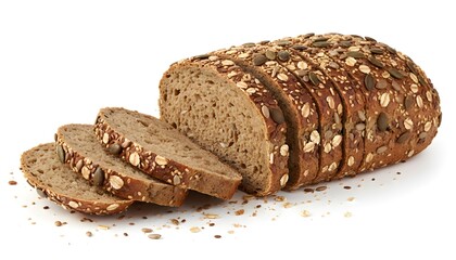 Sliced loaf of multigrain bread with seeds and oats on a white background.