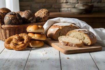 Assortment of freshly baked bread, including loaves, buns, and pretzels, on a rustic white wooden table in the sunlight.